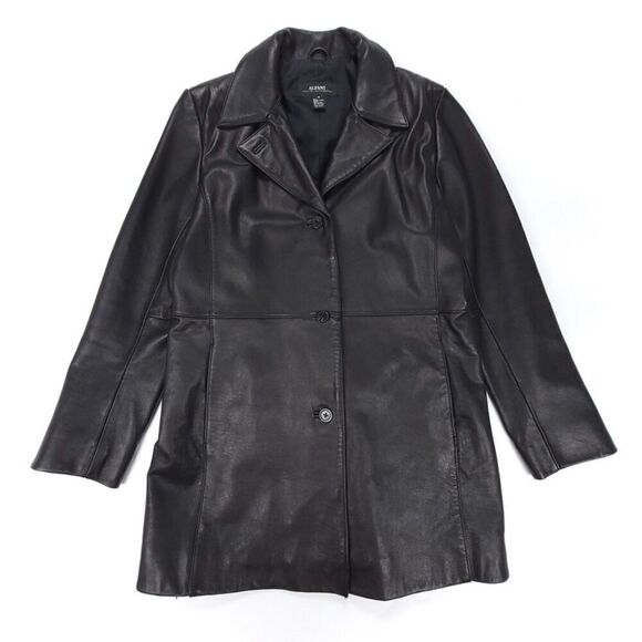 VINTAGE Alfani 100% Genuine Leather Jacket Oversized Dad Coat Women Medium Black - Picture 1 of 6
